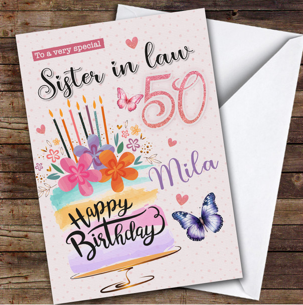 Personalized Sister-In-Law 50th Birthday Card Cake