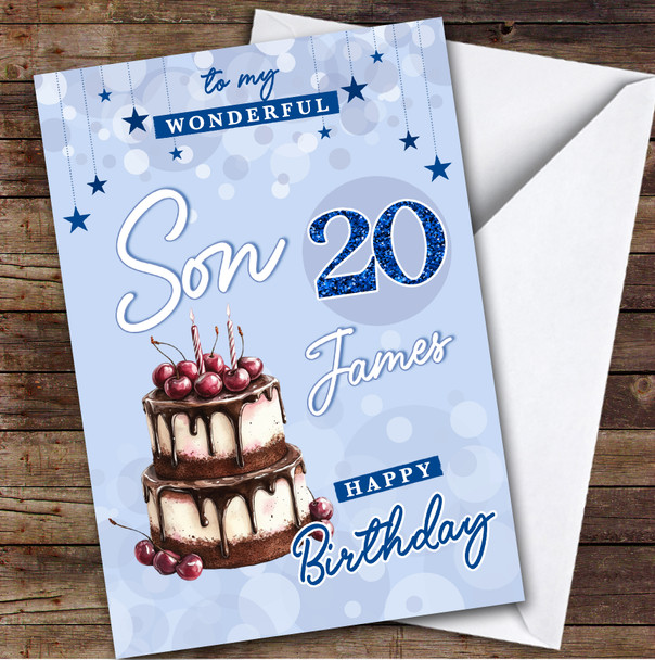 Personalized Son 20th Birthday Card Blue Cherry Cake