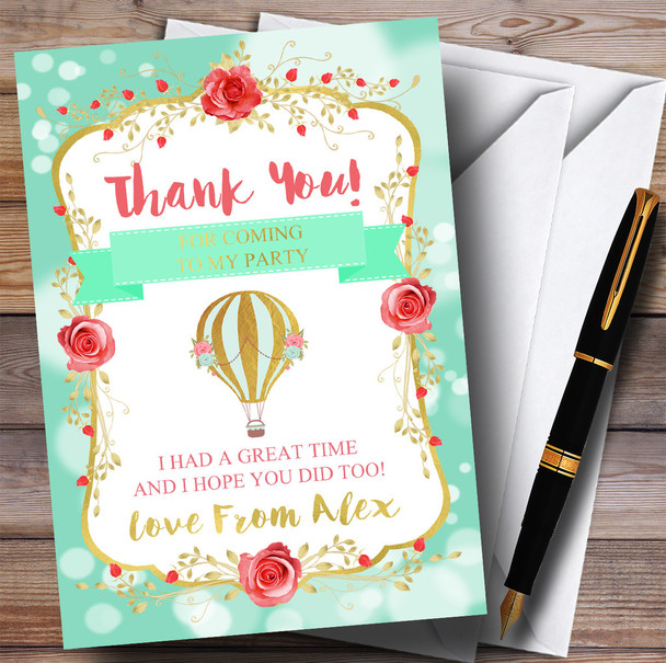 Green & Gold Hot Air Balloon Girls Party Thank You Cards