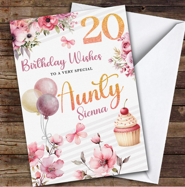 Personalized 20th Birthday Card For Aunty Pink