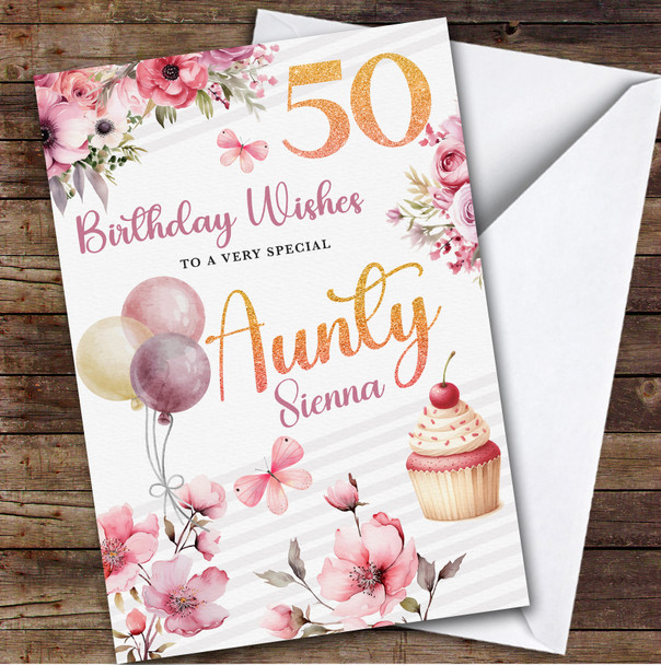 Personalized 50th Birthday Card For Aunty Pink