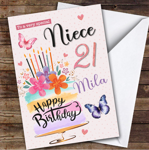 Personalized Niece 21st Birthday Card Cake