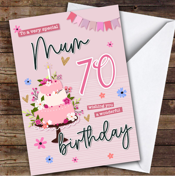 Personalized Mum 70th Birthday Card Pink Birthday Card Cake