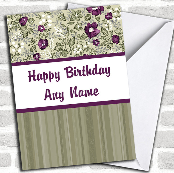 Stripe & Vintage Purple Sage Green Floral Personalized Birthday Card