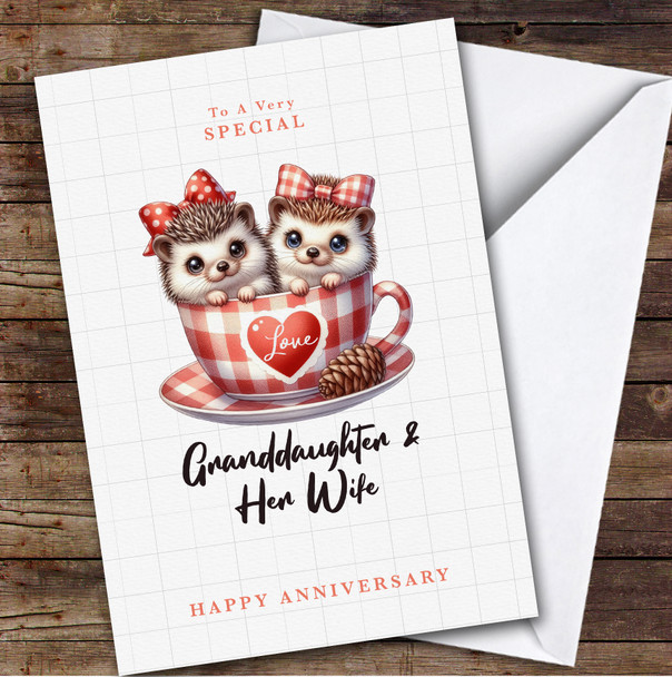 Personalized Anniversary Card For Granddaughter & Her Wife Hedgehog Tea Cup