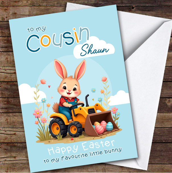 Male Cousin Kids Personalized Easter Card Bunny Bulldozer