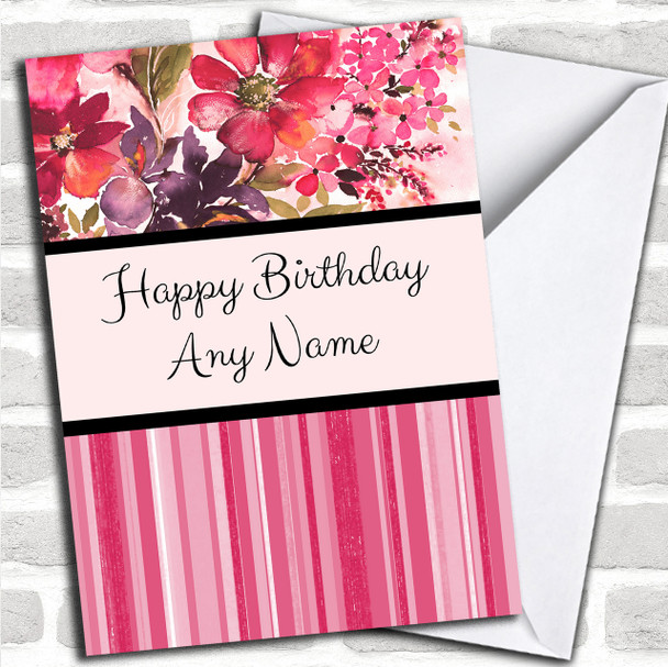 Stripe & Hot Pink Watercolour Floral Personalized Birthday Card