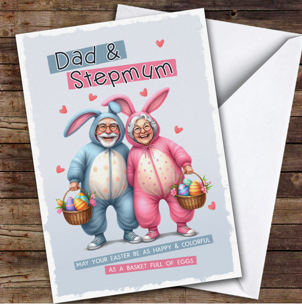 Personalized Easter Card Dad & Stepmum Funny Couple Bunny Onesie
