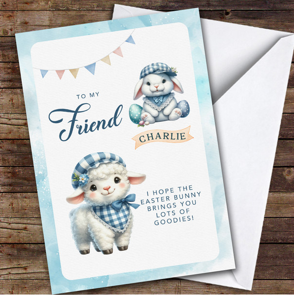 Male Friend Personalized Easter Card Blue Cute Baby Sheep & Bunny