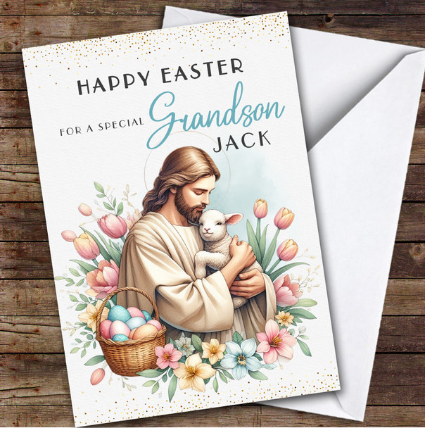 Grandson Personalized Easter Card Jesus Holding Lamb