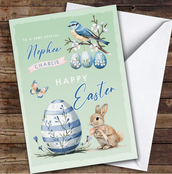 Personalized Easter Card For Nephew Blue Egg Bunnies