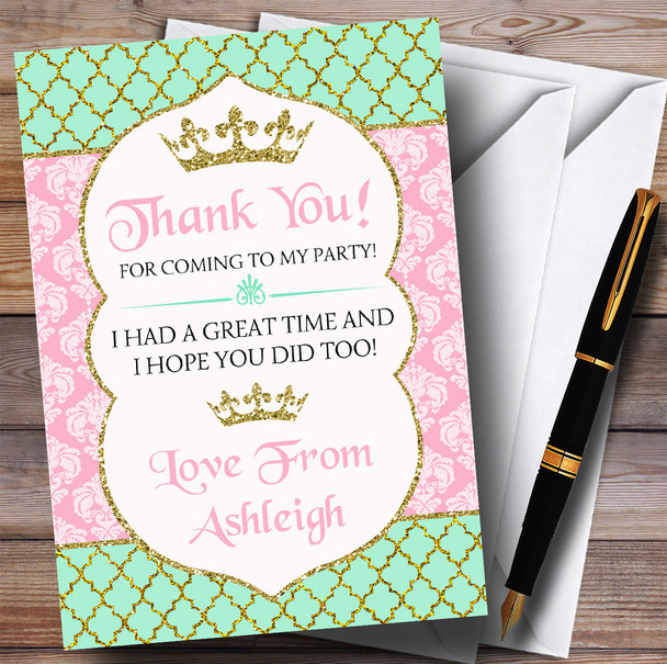 Pink Green & Gold Princess Royal Party Thank You Cards