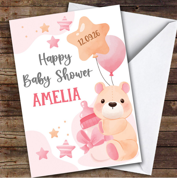 Personalized Baby Shower Card For Anyone Pink Bear Balloon