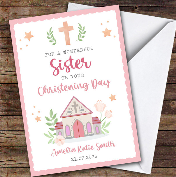 Personalized Christening Day Card For Sister Church Pink