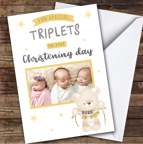 Personalized Christening Day Card For Triplets Photo Bear Yellow
