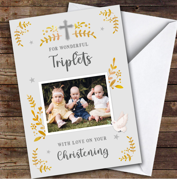 Personalized Christening Day Card For Triplets Photo Dove Yellow