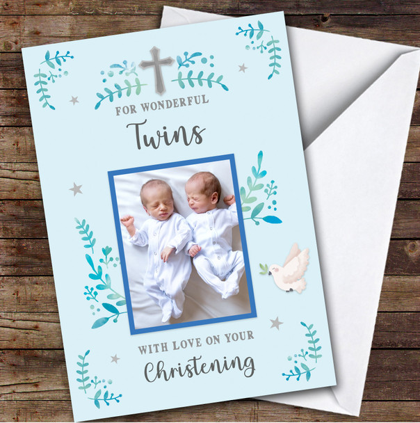 Personalized Christening Day Card For Twins Boys Photo Dove Blue