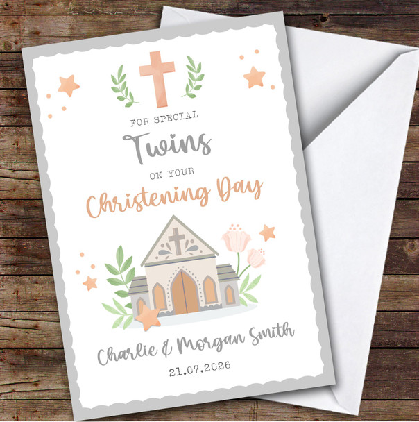 Personalized Christening Day Card For Twins Church Grey