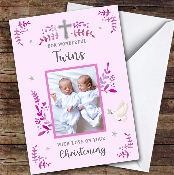 Personalized Christening Day Card For Twins Girls Photo Dove Pink