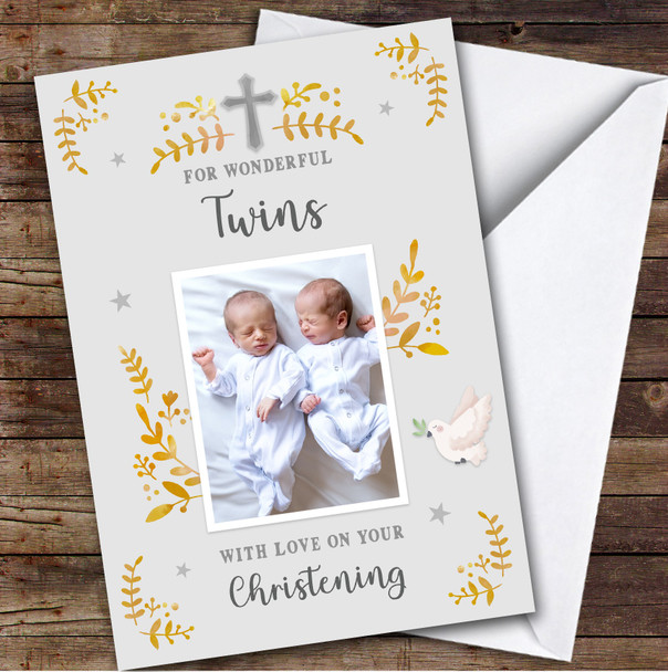 Personalized Christening Day Card For Twins Photo Dove Yellow