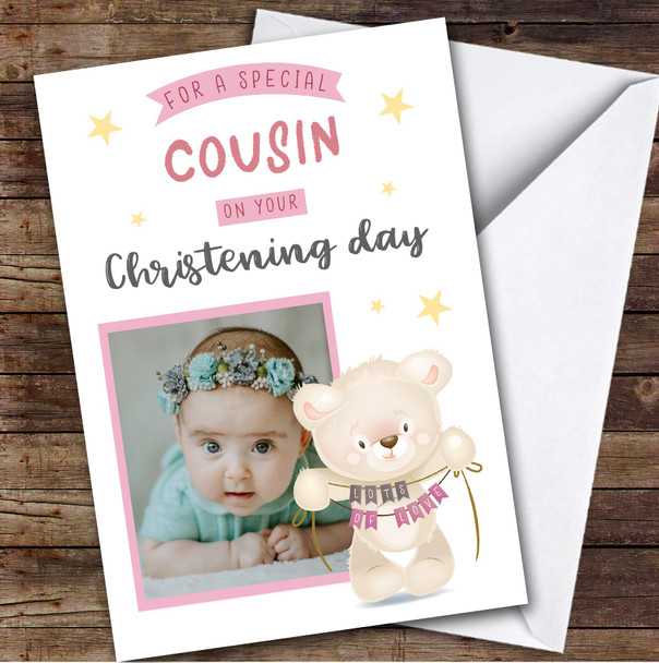 Personalized Christening Day Card For Cousin Girl Photo Bear Pink