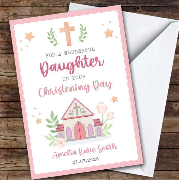 Personalized Christening Day Card For Daughter Church Pink