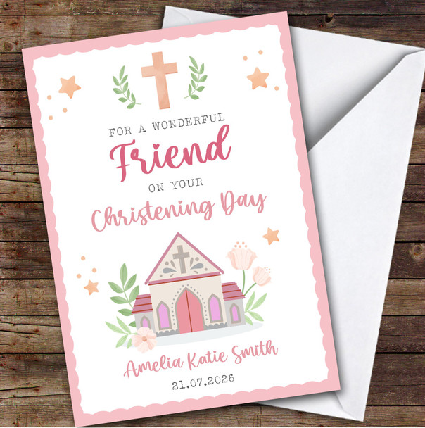 Personalized Christening Day Card For Friend Church Pink