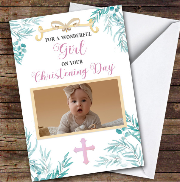Personalized Christening Day Card For Girl Photo Foliage Pink