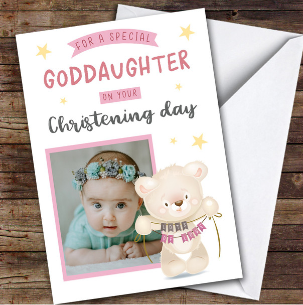 Personalized Christening Day Card For Goddaughter Photo Bear Pink