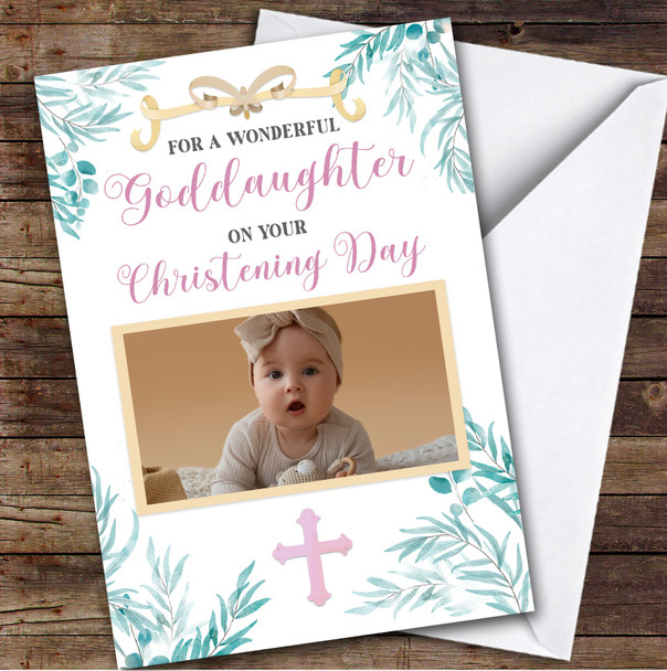 Personalized Christening Day Card For Goddaughter Photo Foliage Pink