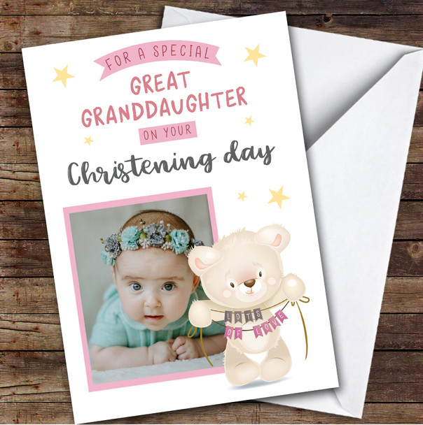Personalized Christening Day Card For Great Granddaughter Photo Bear Pink
