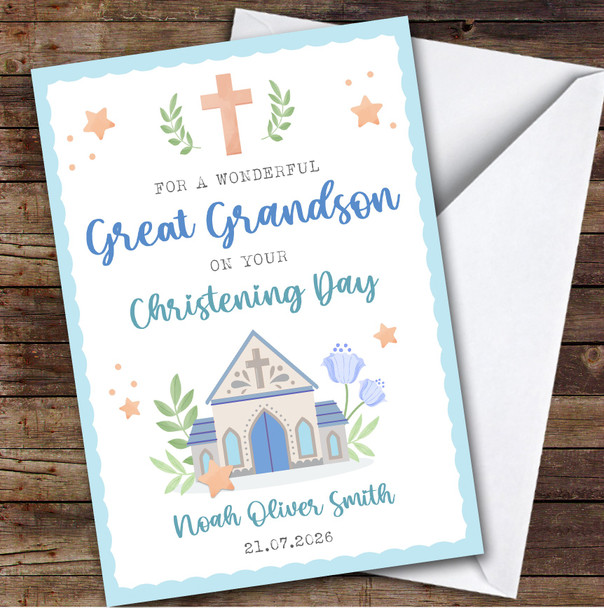Personalized Christening Day Card For Great Grandson Church Blue