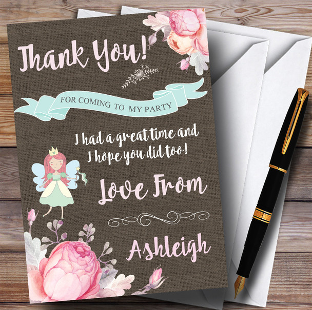 Pretty Floral Burlap Fairy Party Thank You Cards