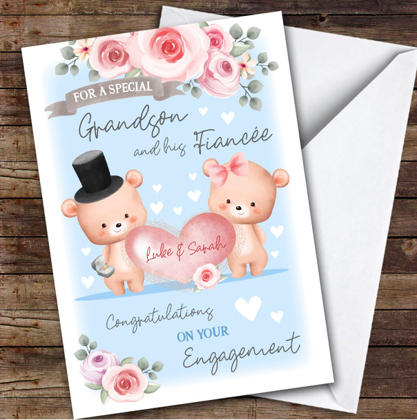 Personalized Engagement Card For Grandson And His Fiancee Bear Heart Blue