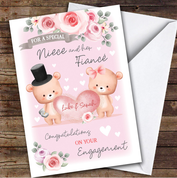 Personalized Engagement Card For Niece And Her Fiance Bear Heart Pink