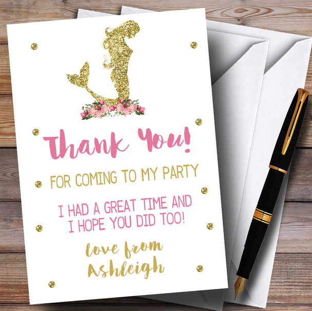 Pretty Pink Floral Mermaid Party Thank You Cards