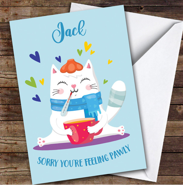 Personalized Get Well Soon Card For Anyone Cat Pawly Blue