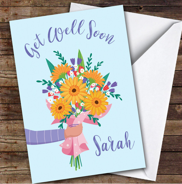 Personalized Get Well Soon Card For Anyone Flower Bouquet Blue