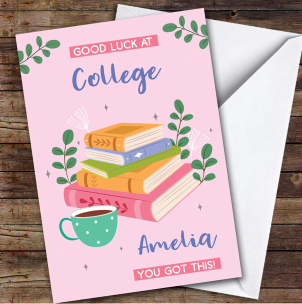 Personalized Off To College Card For Anyone Books Mug Pink