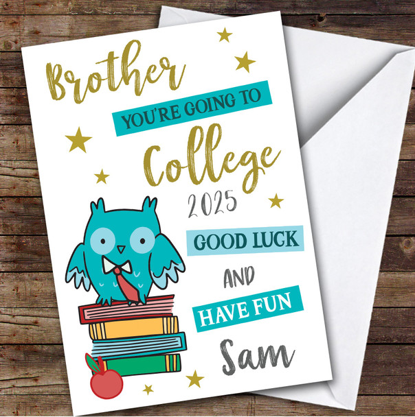 Personalized Off To College Card For Brother Blue Owl