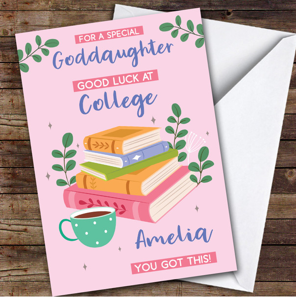 Personalized Off To College Card For Goddaughter Books Mug Pink