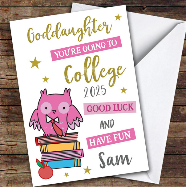 Personalized Off To College Card For Goddaughter Pink Owl