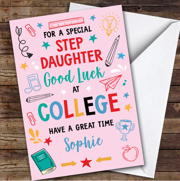 Personalized Off To College Card For Stepdaughter Bright Doodle Pink