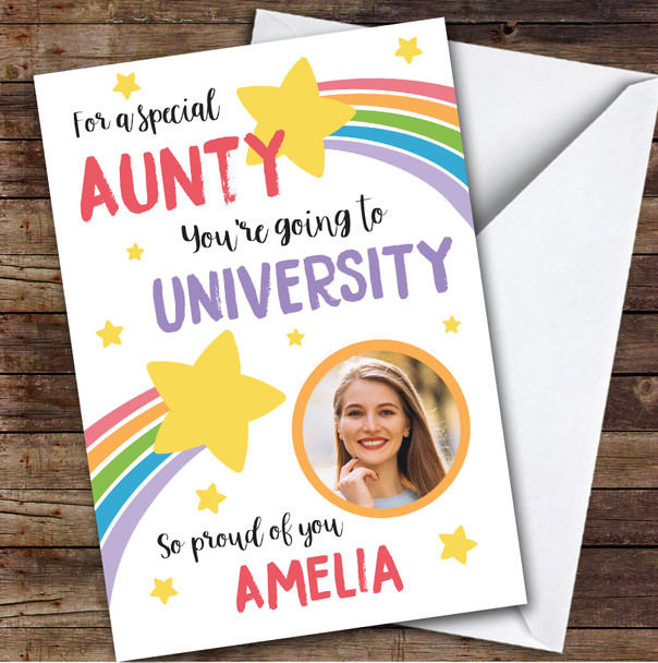 Personalized Off To University Card For Aunty Photo Rainbow Star