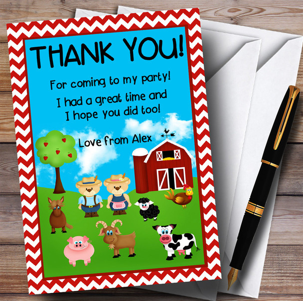 Red Chevrons Farm Animals Party Thank You Cards