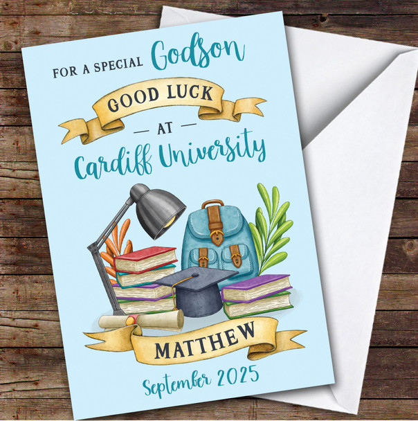 Personalized Off To University Card For Godson Blue Book Backpack