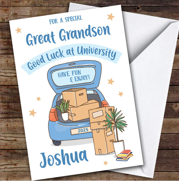 Personalized Off To University Card For Great Grandson Blue Car Moving Boxes