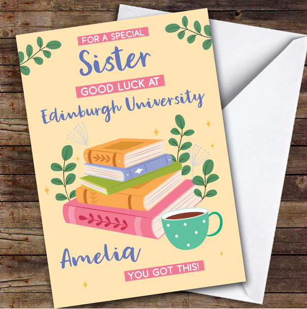 Personalized Off To University Card For Sister Books Mug Yellow