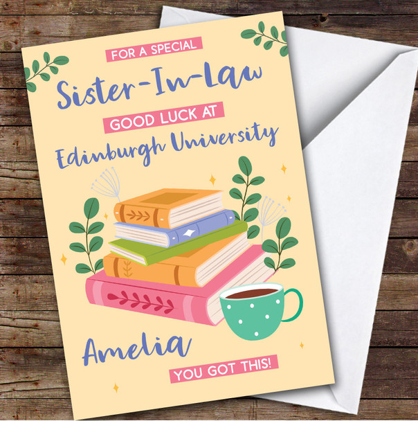Personalized Off To University Card For Sister-In-Law Books Mug Yellow