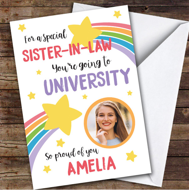 Personalized Off To University Card For Sister-In-Law Photo Rainbow Star